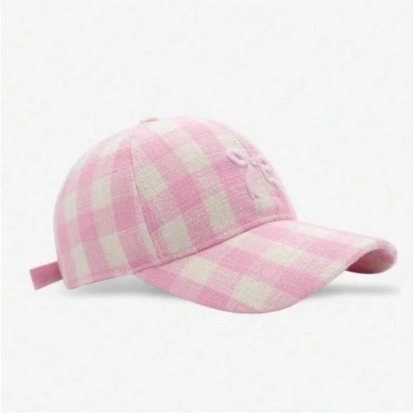 Adjustable Checkered Light Pink + White Embroidered Bowknot Baseball Cap OS New - Picture 2 of 11
